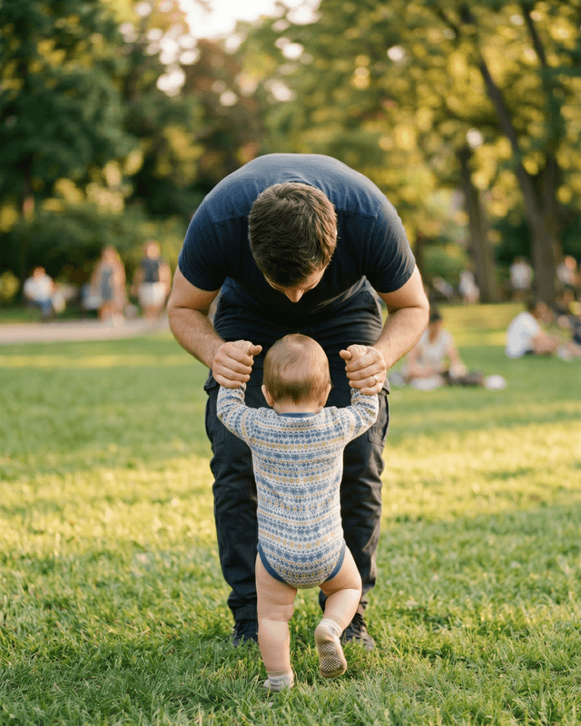 Padre ayudando a su hijo a dar sus primeros pasos en el parque